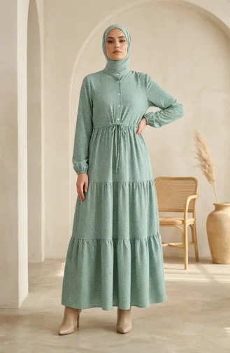 Robe Hijab à Pois Et Col Mandarin 0290-10 Verte 0290-10