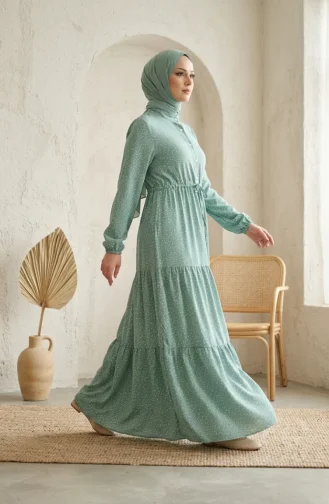 Robe Hijab à Pois Et Col Mandarin 0290-10 Verte 0290-10