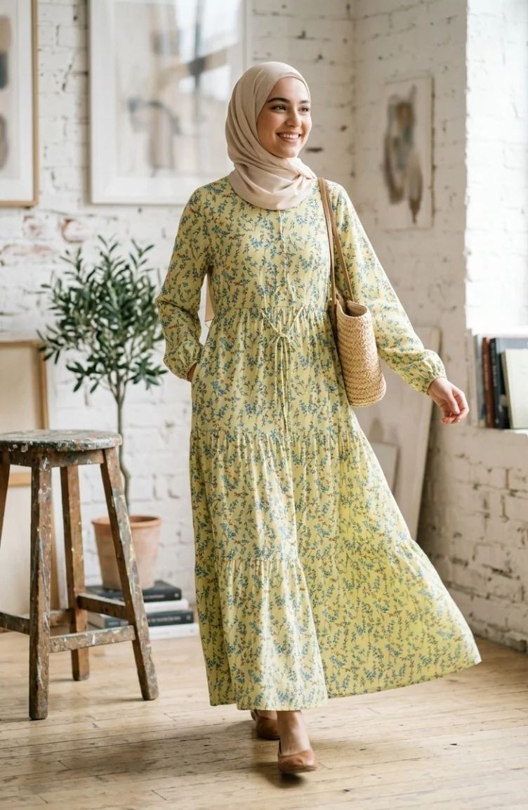 Bescheidenes Kleid Mit Blumenmuster Und Taillenband 0292-01 Gelb 0292-01