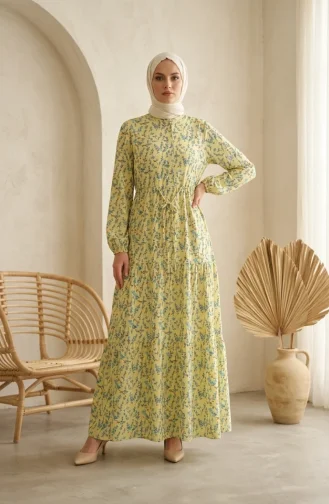Bescheidenes Kleid Mit Blumenmuster Und Taillenband 0292-01 Gelb 0292-01