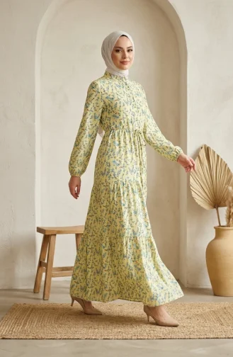 Bescheidenes Kleid Mit Blumenmuster Und Taillenband 0292-01 Gelb 0292-01
