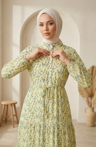Bescheidenes Kleid Mit Blumenmuster Und Taillenband 0292-01 Gelb 0292-01