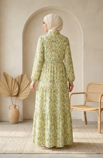 Bescheidenes Kleid Mit Blumenmuster Und Taillenband 0292-01 Gelb 0292-01