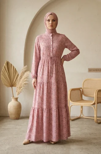 Robe Modeste à Ceinture à Motif Floral 0292-02 Rose Poudré 0292-02