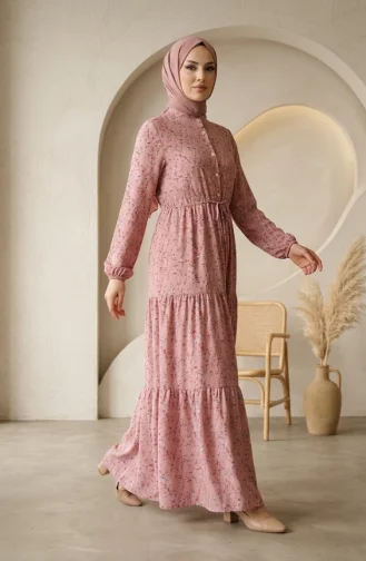 Robe Modeste à Ceinture à Motif Floral 0292-02 Rose Poudré 0292-02