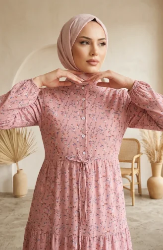 Robe Modeste à Ceinture à Motif Floral 0292-02 Rose Poudré 0292-02