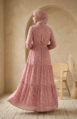 Robe Modeste à Ceinture à Motif Floral 0292-02 Rose Poudré 0292-02