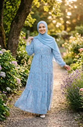 Robe Modeste à Motif Floral Et Ceinture à Nouer 0292-03 Bleu 0292-03