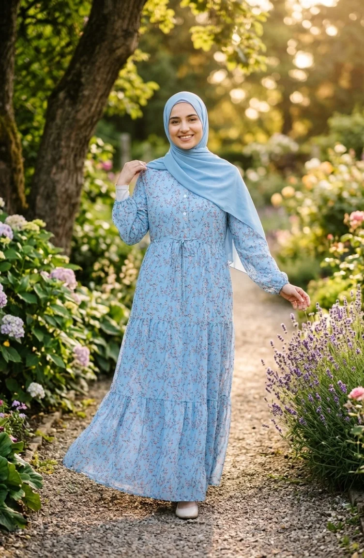 Robe Modeste à Motif Floral Et Ceinture à Nouer 0292-03 Bleu 0292-03