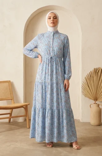 Robe Modeste à Motif Floral Et Ceinture à Nouer 0292-03 Bleu 0292-03