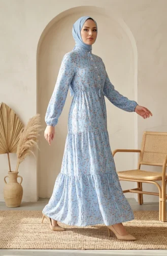 Robe Modeste à Motif Floral Et Ceinture à Nouer 0292-03 Bleu 0292-03