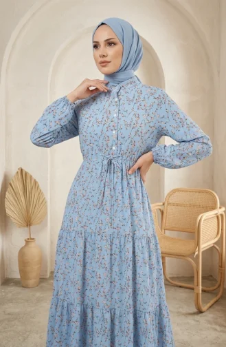 Robe Modeste à Motif Floral Et Ceinture à Nouer 0292-03 Bleu 0292-03