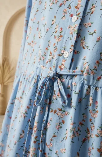 Robe Modeste à Motif Floral Et Ceinture à Nouer 0292-03 Bleu 0292-03