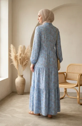 Robe Modeste à Motif Floral Et Ceinture à Nouer 0292-03 Bleu 0292-03