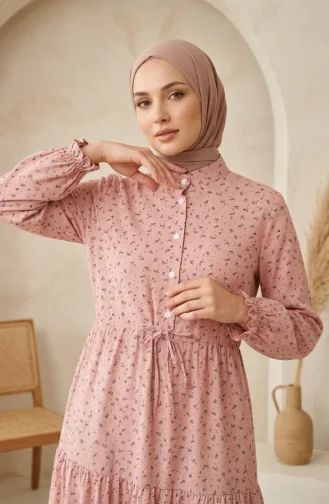 Çiçek Desenli Belden Bağlamalı Tesettür Elbise 0293-01 Pudra