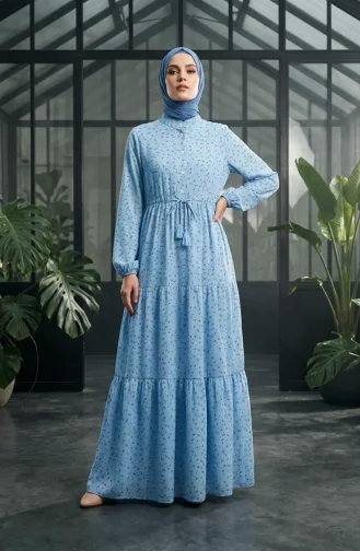 Robe Modeste à Motif Floral Et Ceinture à Nouer 0293-02 Bleu 0293-02