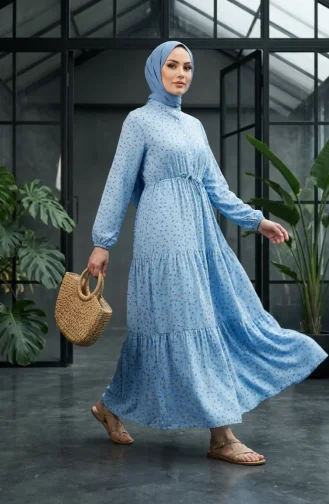 Robe Modeste à Motif Floral Et Ceinture à Nouer 0293-02 Bleu 0293-02