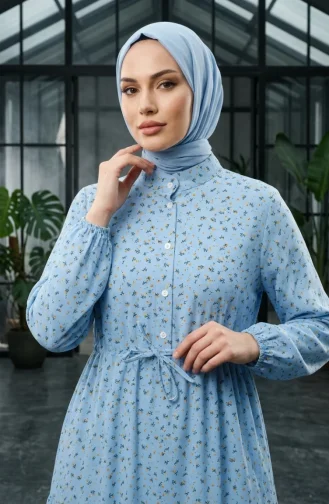 Robe Modeste à Motif Floral Et Ceinture à Nouer 0293-02 Bleu 0293-02