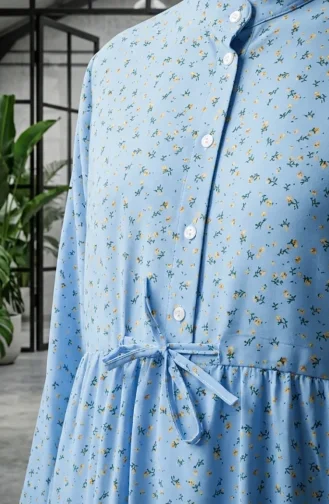 Robe Modeste à Motif Floral Et Ceinture à Nouer 0293-02 Bleu 0293-02