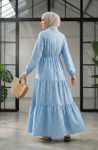 Robe Modeste à Motif Floral Et Ceinture à Nouer 0293-02 Bleu 0293-02