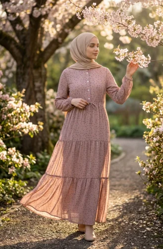 Bescheidenes Kleid Mit Blumenmuster Und Taillenband 0293-03 Milchkaffee 0293-03