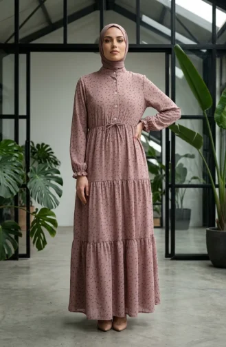 Bescheidenes Kleid Mit Blumenmuster Und Taillenband 0293-03 Milchkaffee 0293-03