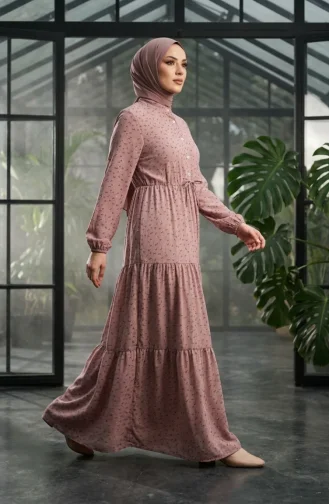 Bescheidenes Kleid Mit Blumenmuster Und Taillenband 0293-03 Milchkaffee 0293-03