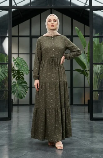 Robe Modeste à Ceinture à Motif Floral 0293-04 Kaki 0293-04