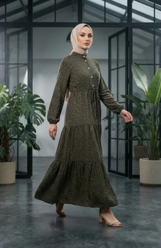 Robe Modeste à Ceinture à Motif Floral 0293-04 Kaki 0293-04