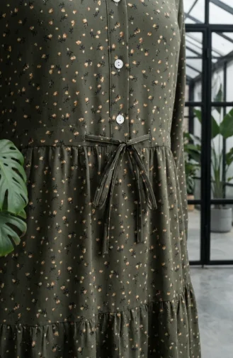 Robe Modeste à Ceinture à Motif Floral 0293-04 Kaki 0293-04
