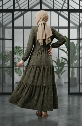 Robe Modeste à Ceinture à Motif Floral 0293-04 Kaki 0293-04