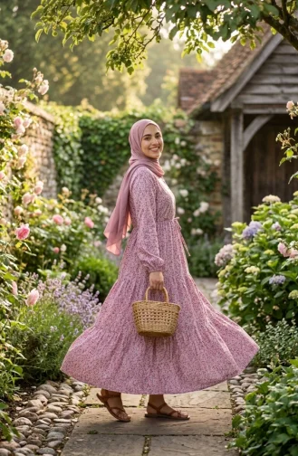 Robe Modeste à Motif Floral Et Ceinture à Nouer 0294-01 Rose 0294-01