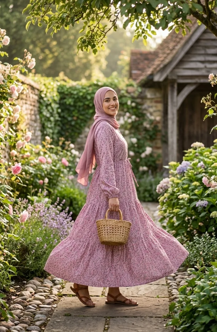 Robe Modeste à Motif Floral Et Ceinture à Nouer 0294-01 Rose 0294-01