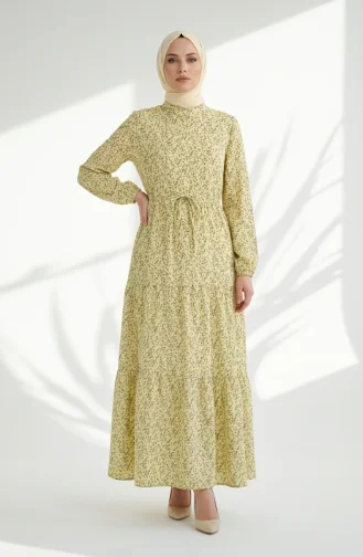 Robe Modeste à Motif Floral Et Ceinture à Nouer 0294-02 Jaune 0294-02