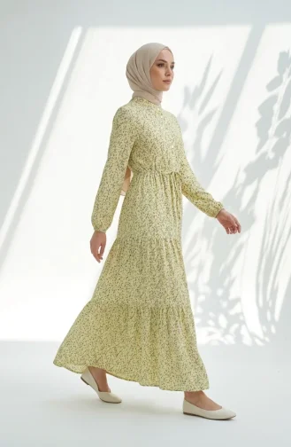 Robe Modeste à Motif Floral Et Ceinture à Nouer 0294-02 Jaune 0294-02