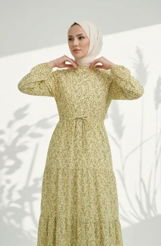 Robe Modeste à Motif Floral Et Ceinture à Nouer 0294-02 Jaune 0294-02