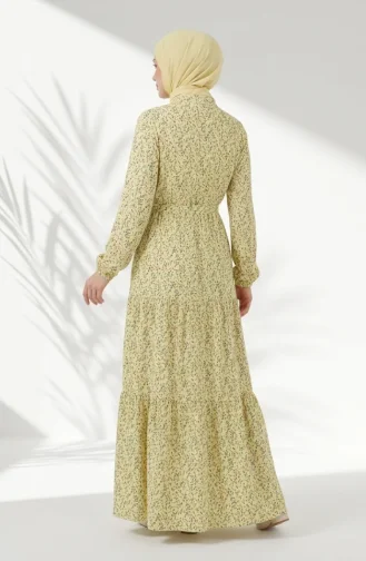 Robe Modeste à Motif Floral Et Ceinture à Nouer 0294-02 Jaune 0294-02