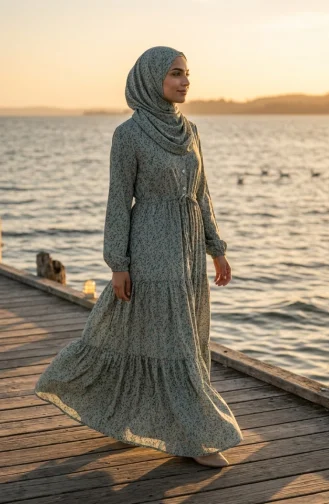 Robe Modeste à Motif Floral Et Ceinture à Nouer 0294-03 Vert Clair 0294-03