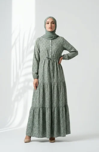 Robe Modeste à Motif Floral Et Ceinture à Nouer 0294-03 Vert Clair 0294-03