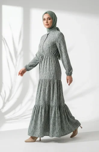 Robe Modeste à Motif Floral Et Ceinture à Nouer 0294-03 Vert Clair 0294-03