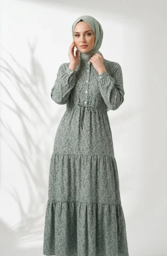 Robe Modeste à Motif Floral Et Ceinture à Nouer 0294-03 Vert Clair 0294-03