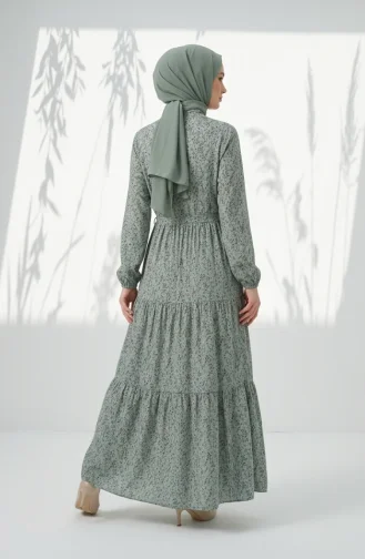 Robe Modeste à Motif Floral Et Ceinture à Nouer 0294-03 Vert Clair 0294-03