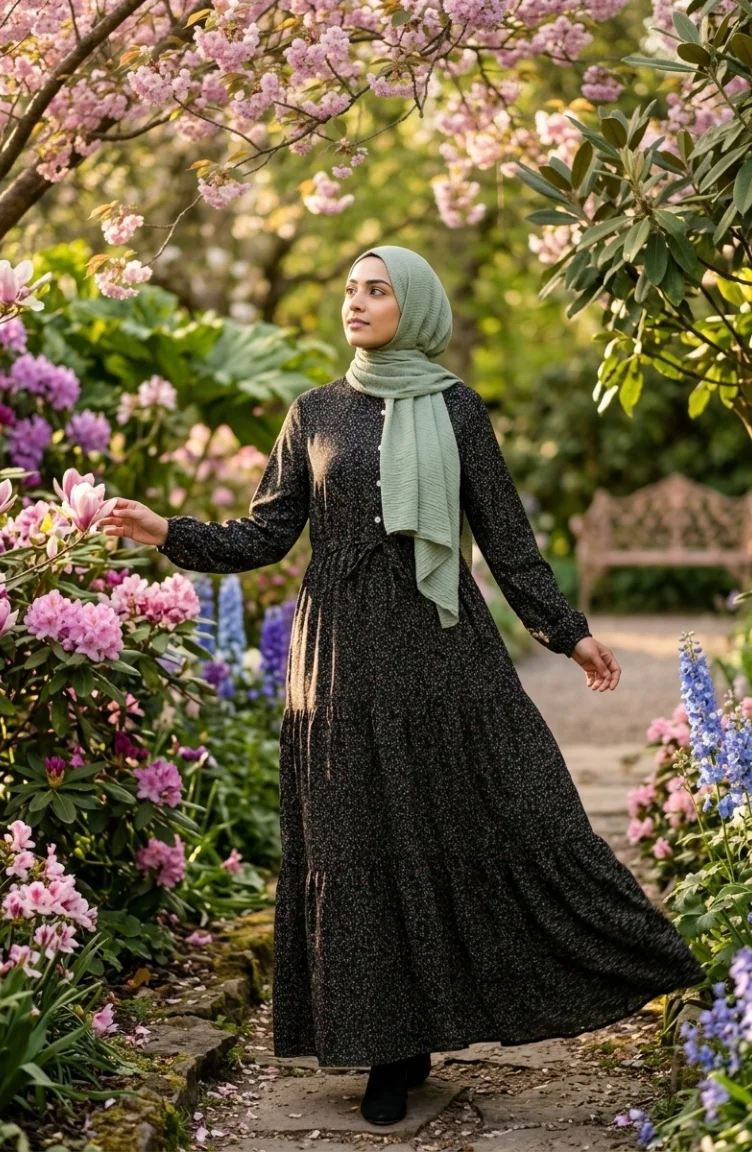 Robe Modeste à Motif Floral Et Ceinture à Nouer 0294-04 Noire 0294-04