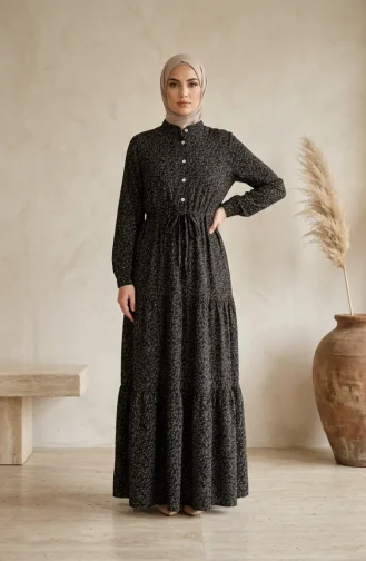 Robe Modeste à Motif Floral Et Ceinture à Nouer 0294-04 Noire 0294-04