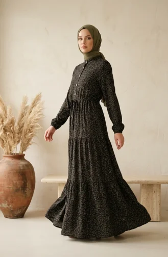 Robe Modeste à Motif Floral Et Ceinture à Nouer 0294-04 Noire 0294-04