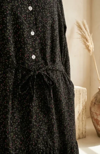 Robe Modeste à Motif Floral Et Ceinture à Nouer 0294-04 Noire 0294-04