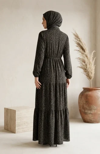 Robe Modeste à Motif Floral Et Ceinture à Nouer 0294-04 Noire 0294-04