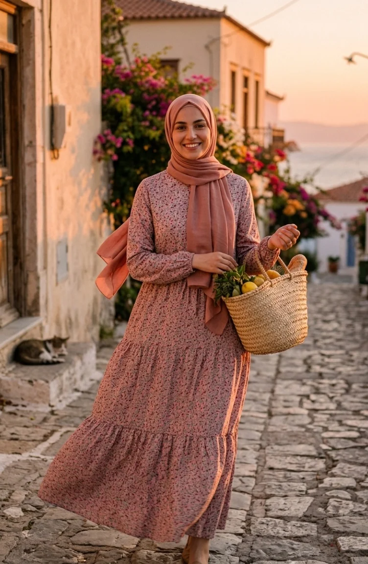 Robe Modeste à Motif Floral Et Ceinture à Nouer 0295-01 Rose 0295-01