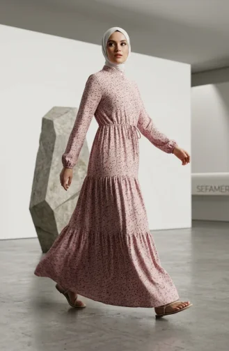 Robe Modeste à Motif Floral Et Ceinture à Nouer 0295-01 Rose 0295-01