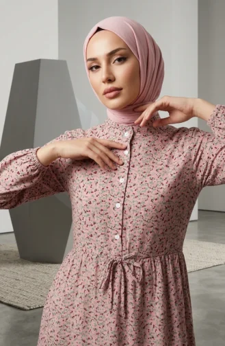 Robe Modeste à Motif Floral Et Ceinture à Nouer 0295-01 Rose 0295-01